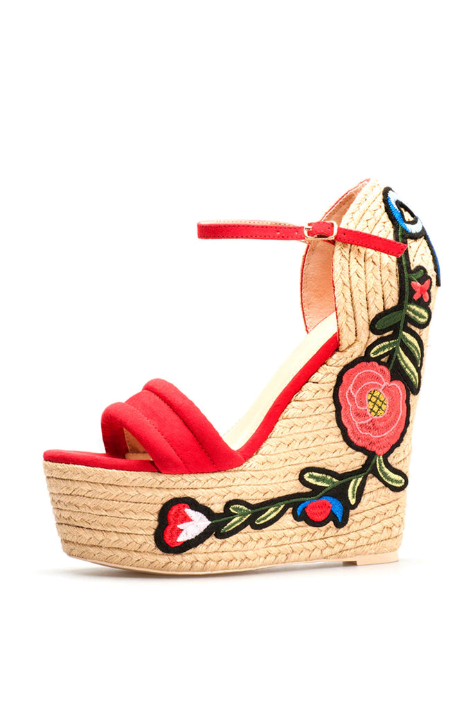 Red espadrille wedge platform open toe sandal shoe with floral applique on the heel